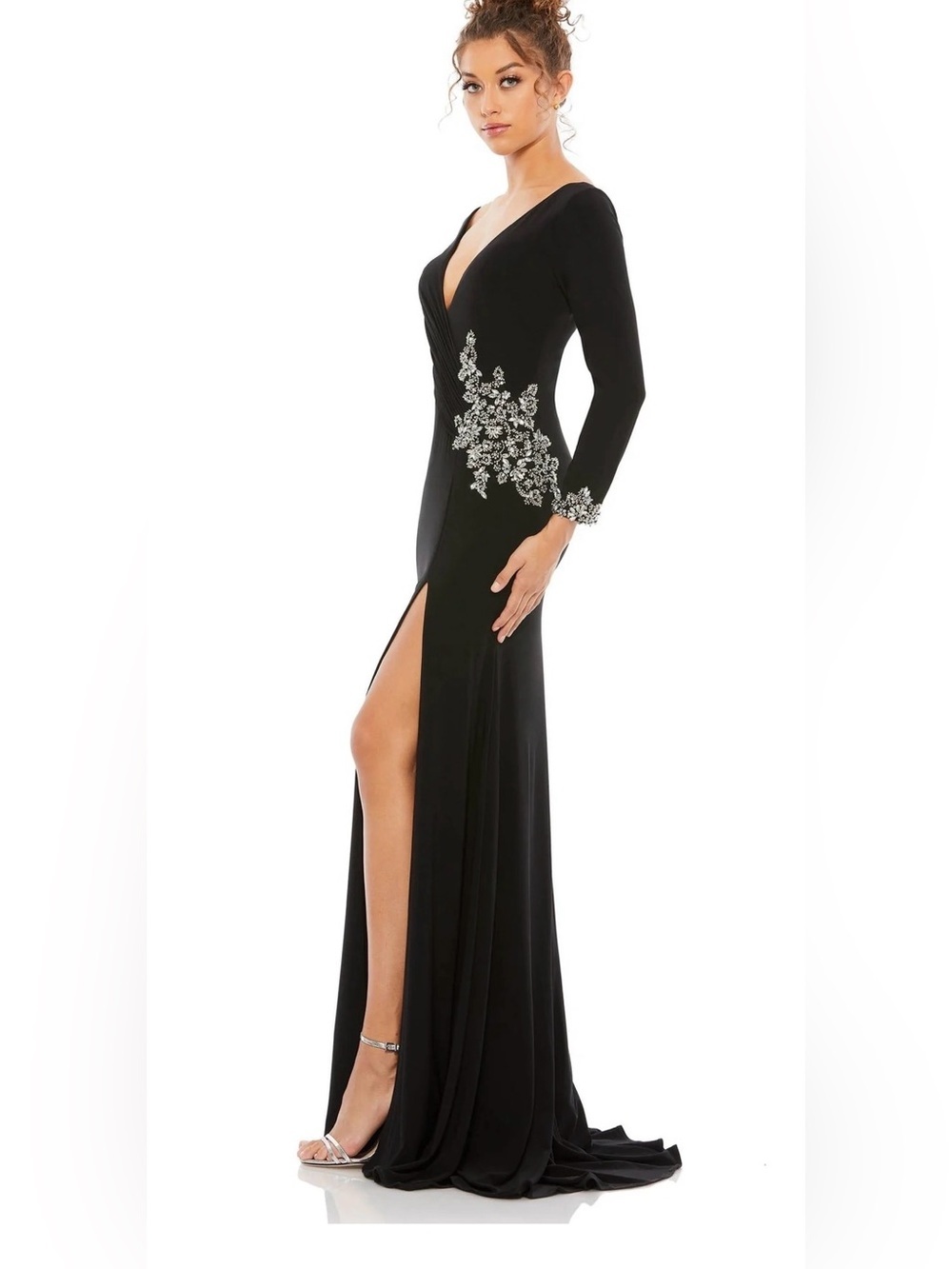 Mac Duggal Black Long Sleeve V-Neck Evening Gown with Silver Embellishment